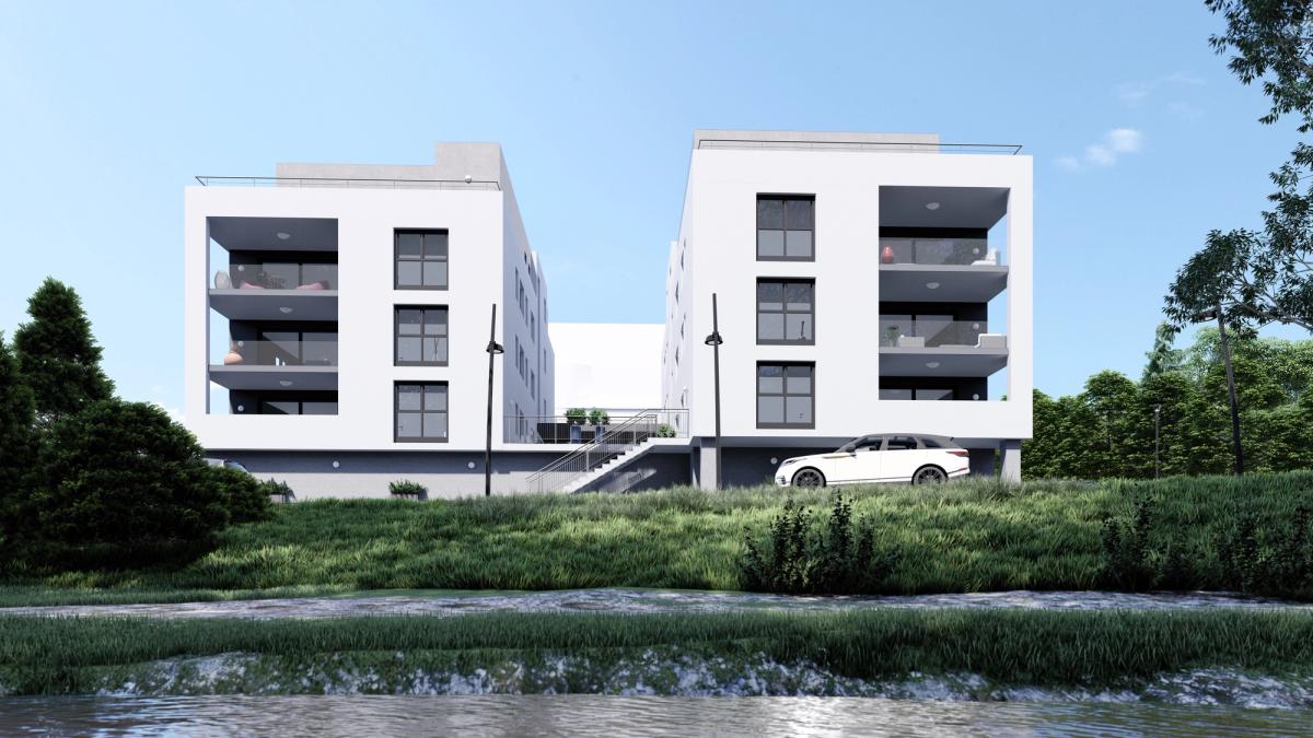 Neubau Gaildorf, beide Häuser von der Gartenseite
