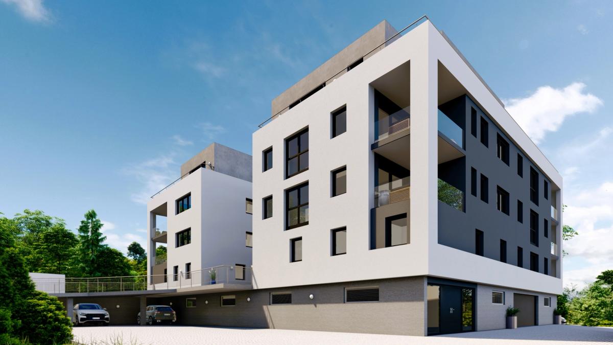 Neubau Gaildorf, Gebäudeecke mit Balkonen