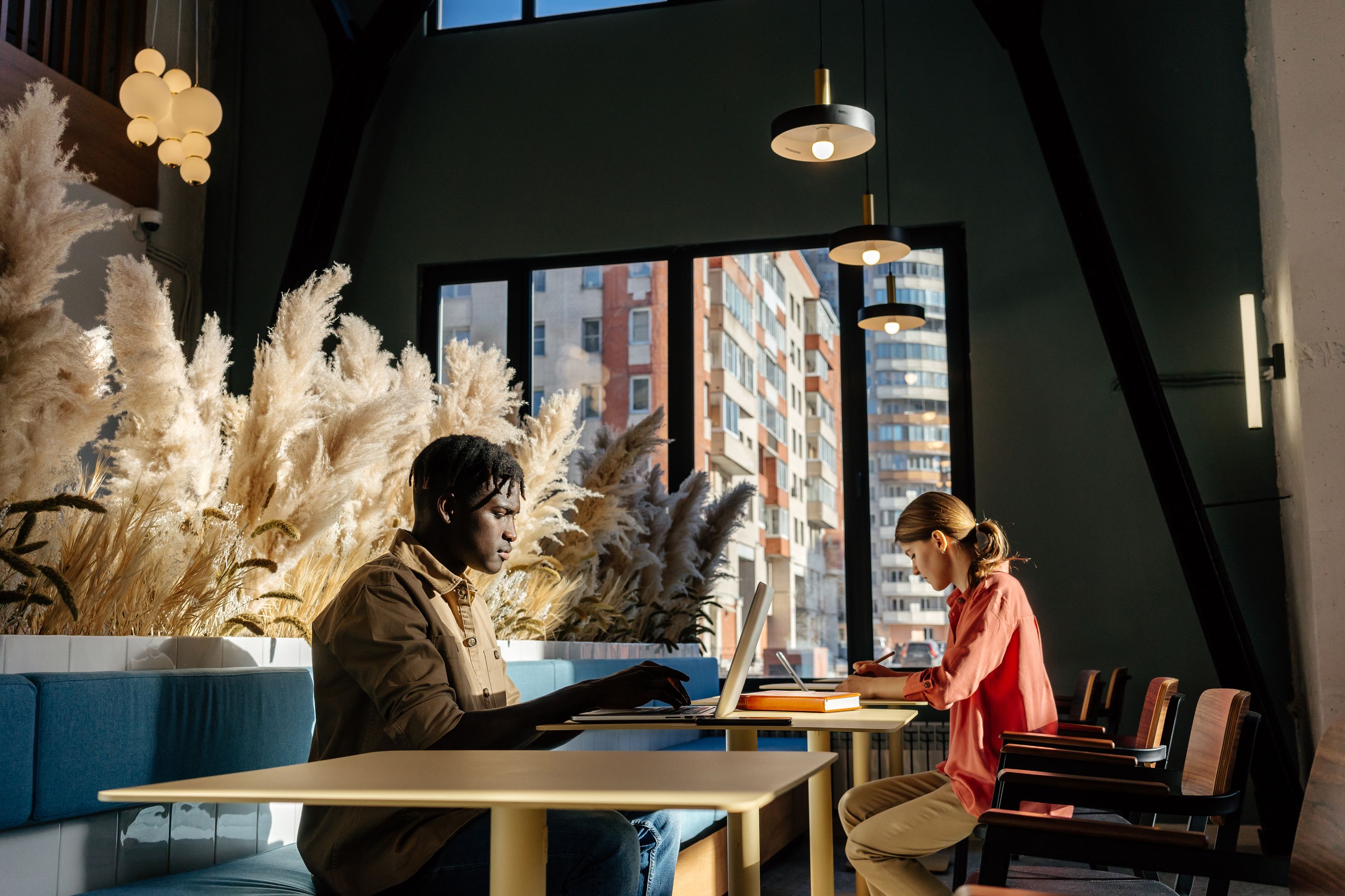 people sitting at tables working