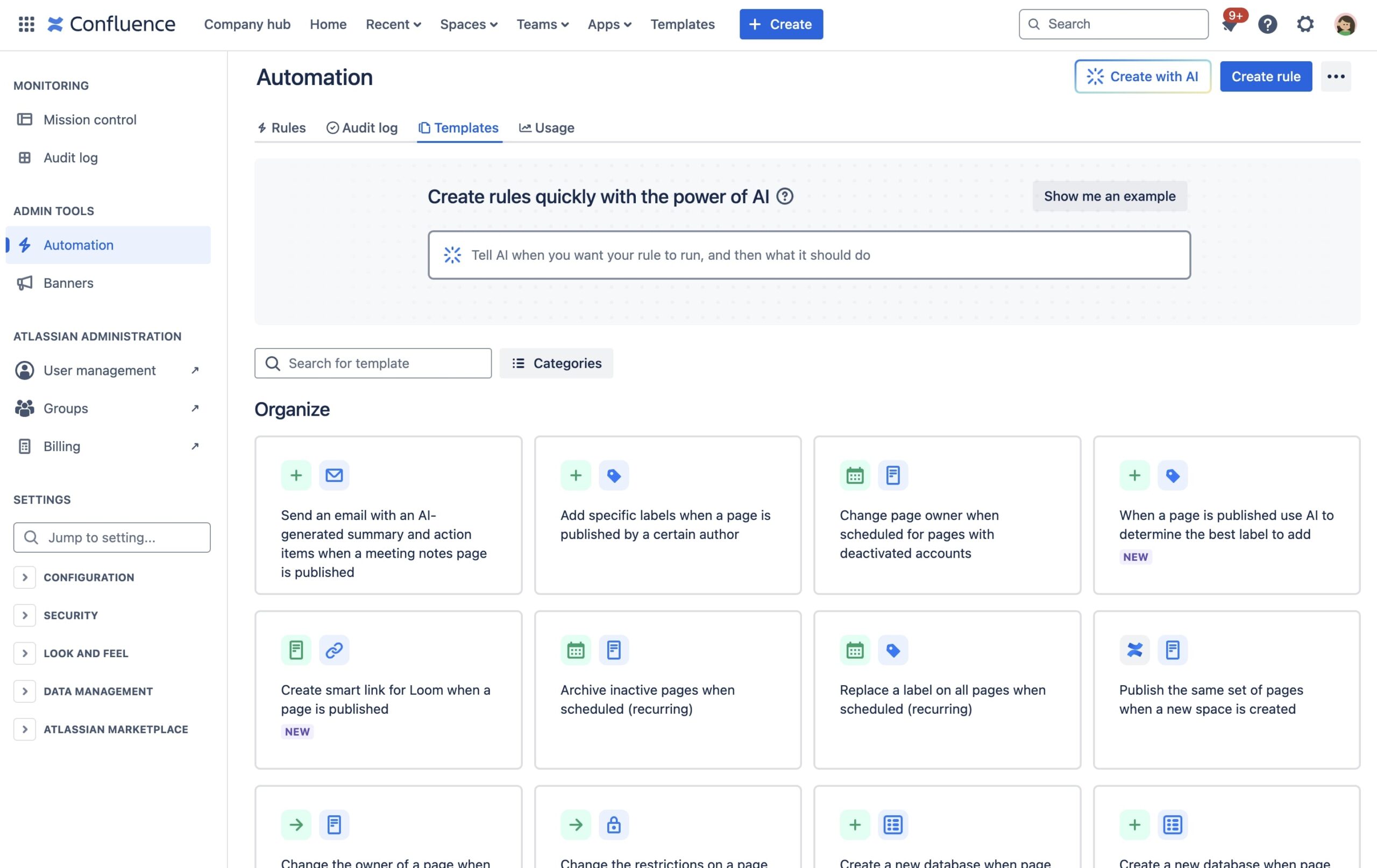 Available on the Premium and Enterprise plans, automations in Confluence are powerful tools designed to simplify and accelerate daily tasks. By automating repetitive actions, teams can enhance efficiency and focus more on meaningful work. Here are a few examples of how automation can streamline your processes:
Automatically add specific labels when a page is published by a designated author.
Send alerts to users when a page becomes outdated.
Notify team members when the status of a page changes.
Automations offer limitless possibilities for optimizing your workflow, reducing manual tasks, and saving valuable time. By implementing automations, you can spend more time creating high-quality content and fostering better collaboration within your team.