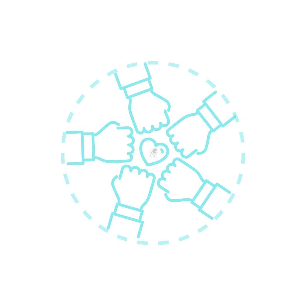 Illustration of five hands with a heart in the center