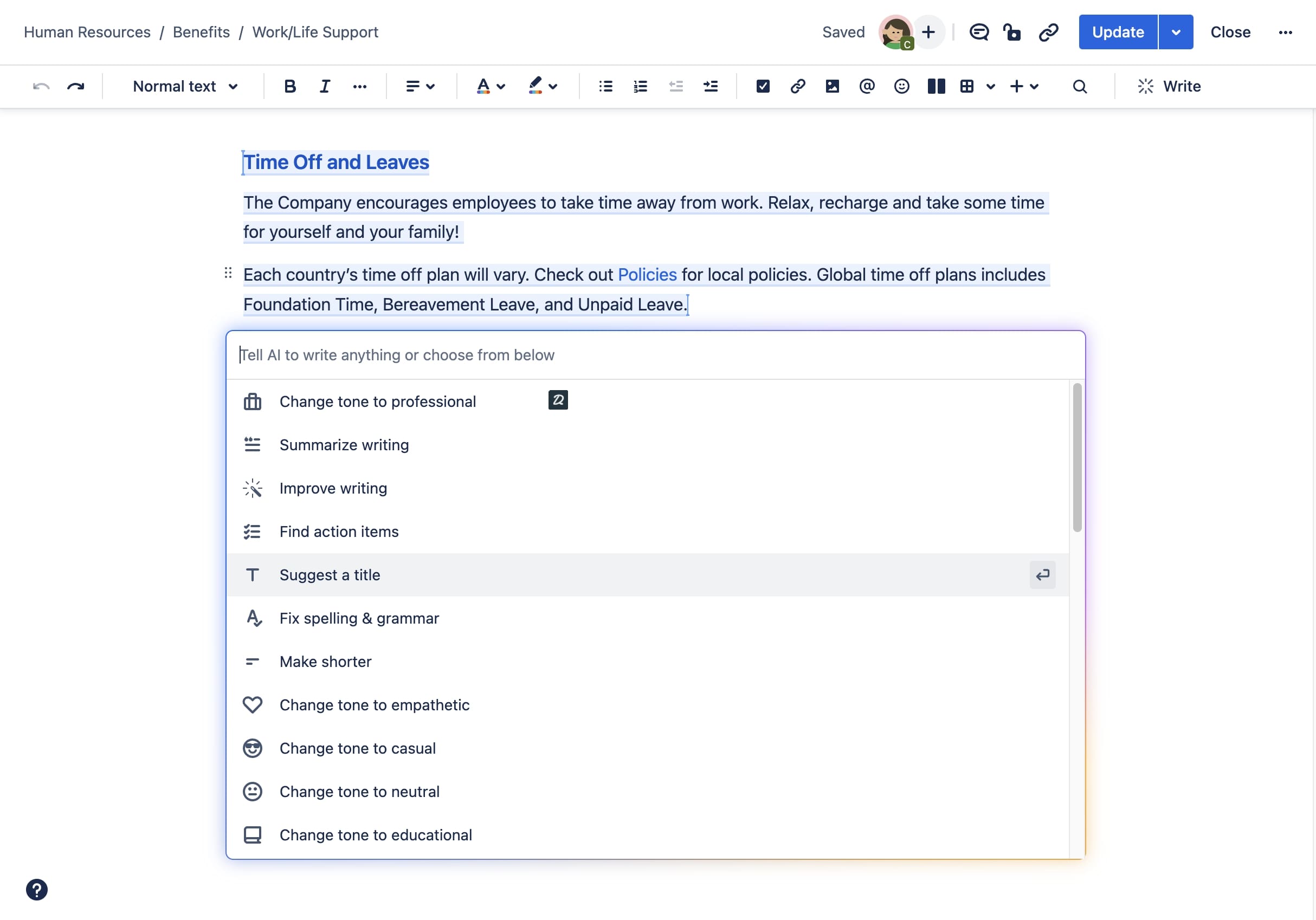 Confluence incorporates artificial intelligence (AI) to boost productivity and improve information transparency across your organization. These AI-powered features are available exclusively on the Premium and Enterprise plans and are designed to help teams work smarter, not harder.
Here are the key AI features offered by Atlassian Intelligence in Confluence:
Page summaries: Automatically generate concise summaries for pages, blogs, and comments, helping teams quickly grasp the core information without having to read through lengthy content.
Natural language search: Ask questions in the Confluence search bar using everyday language, and Atlassian Intelligence will provide the most relevant answers, making it easier to find what you're looking for.
Term clarification: Obtain clear definitions for company-specific terms, acronyms, or project names, ensuring everyone in the organization has a shared understanding of important terminology.
Content generation and enhancement: AI helps you create new content, adjust the tone of your writing, and simplify complex information to make it more accessible to team members with different expertise levels.
Idea clustering in whiteboard pages: After a brainstorming session on a whiteboard page, Atlassian Intelligence can automatically group similar ideas together, making it easier to organize and visualize the key themes that emerged from the session.