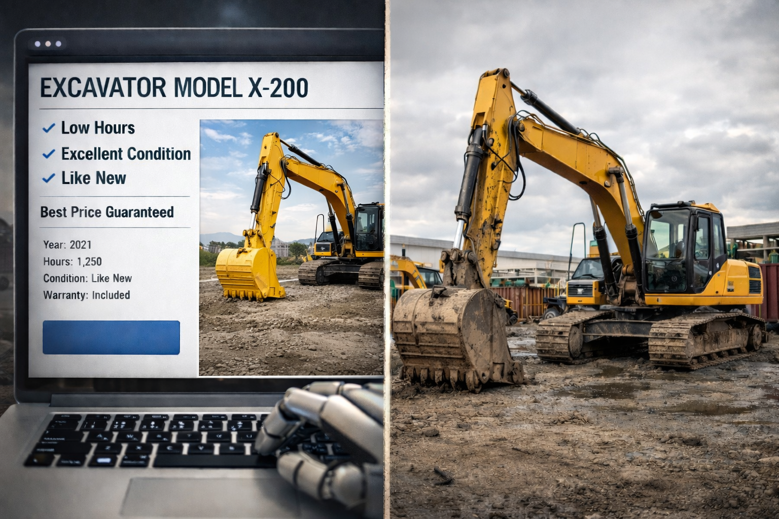 A split image showing a glossy online excavator listing on the left and the same machine in muddy, worn condition at a real equipment yard on the right