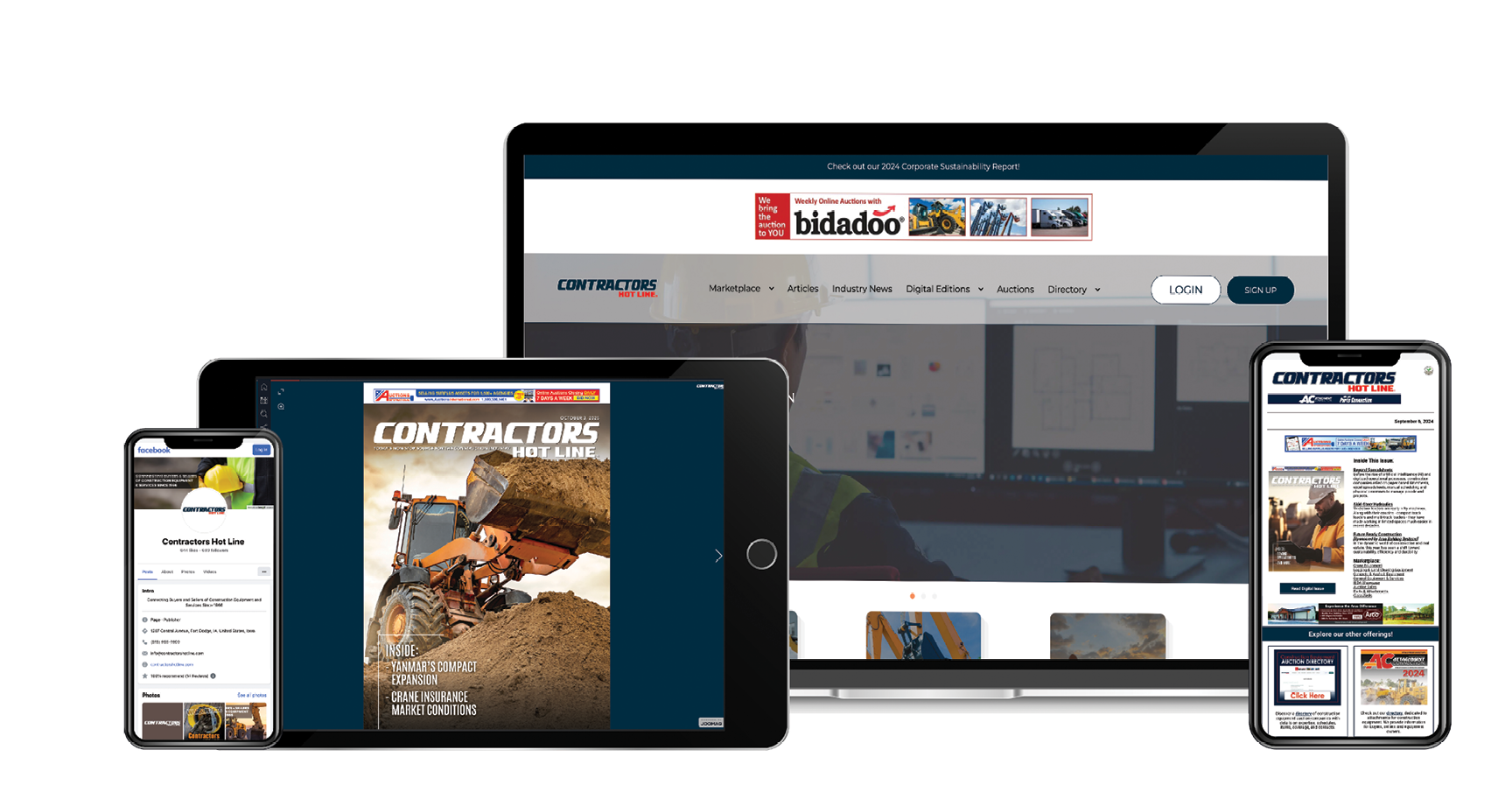 tablet, phone, and laptop with contractors hot line materials on the screen