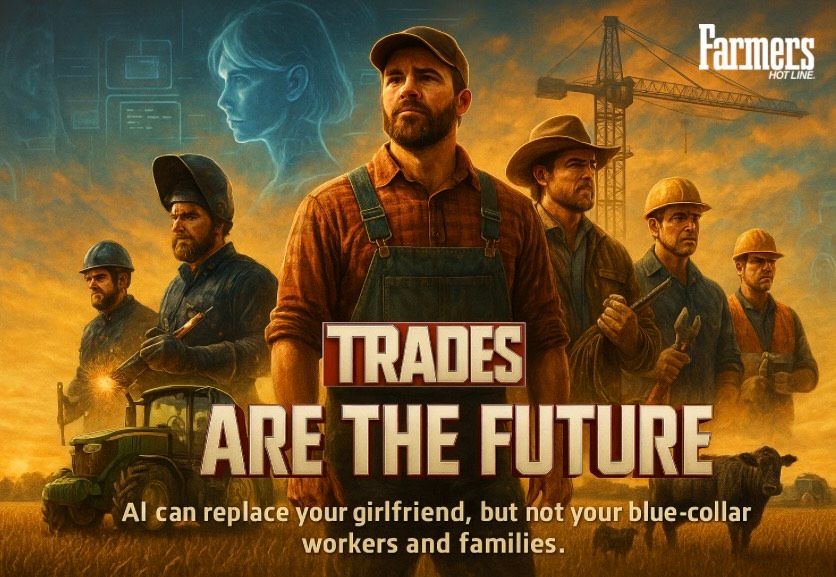 graphic of trades people standing in front of AI imagery