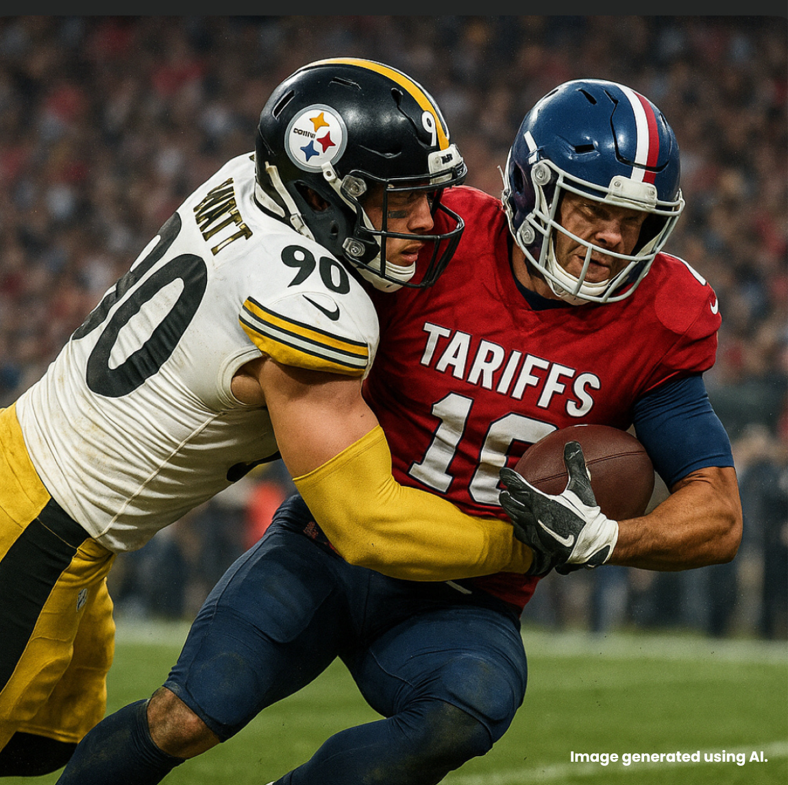 AI generated photo of Steelers TJ Watt tackling a football player in a "tariffs" jersey