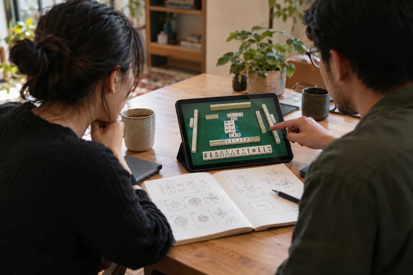 An illustrative game development team reviewing a mahjong board on a tablet.