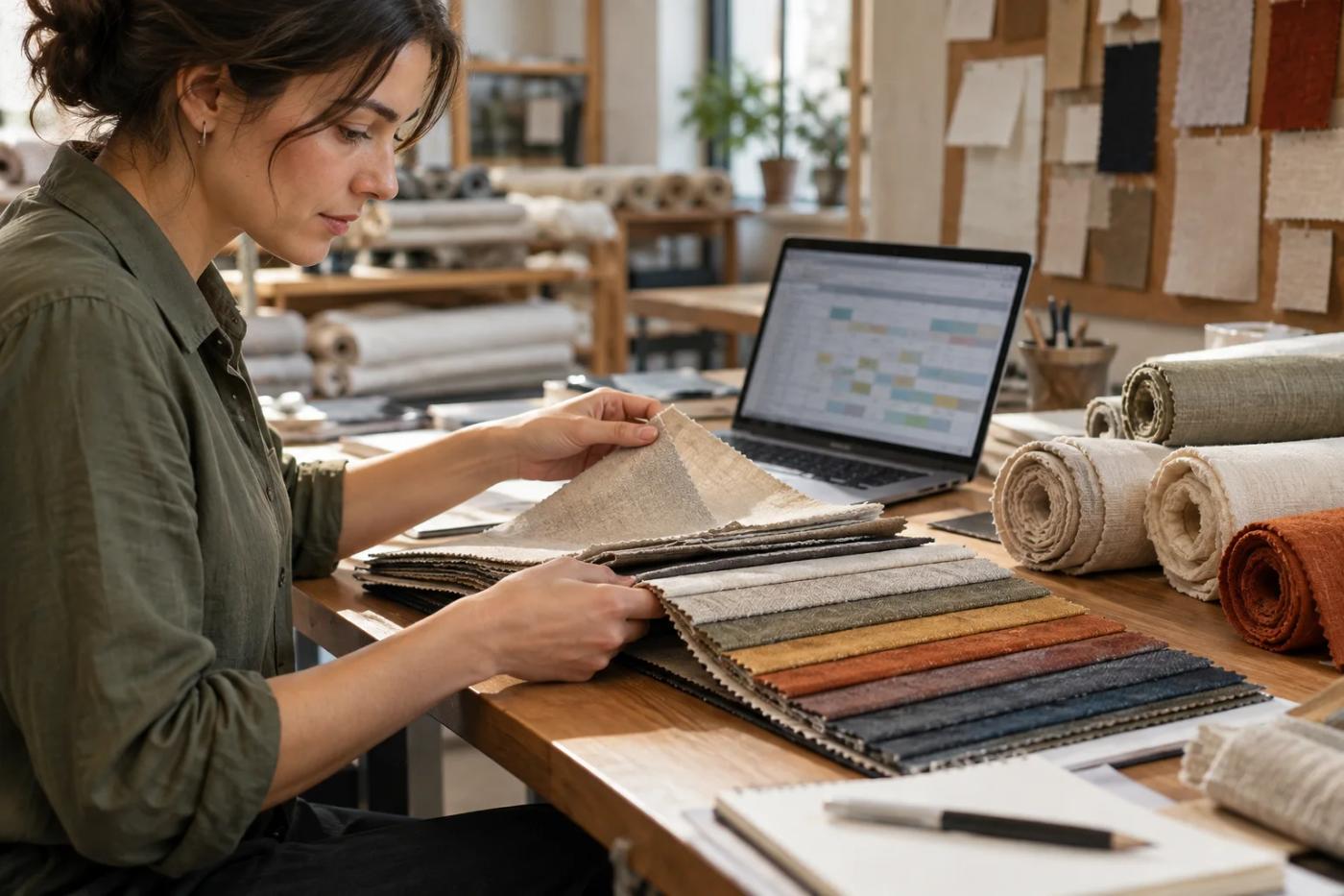 An illustrative textile coordinator reviewing fabric swatches and a planning screen.