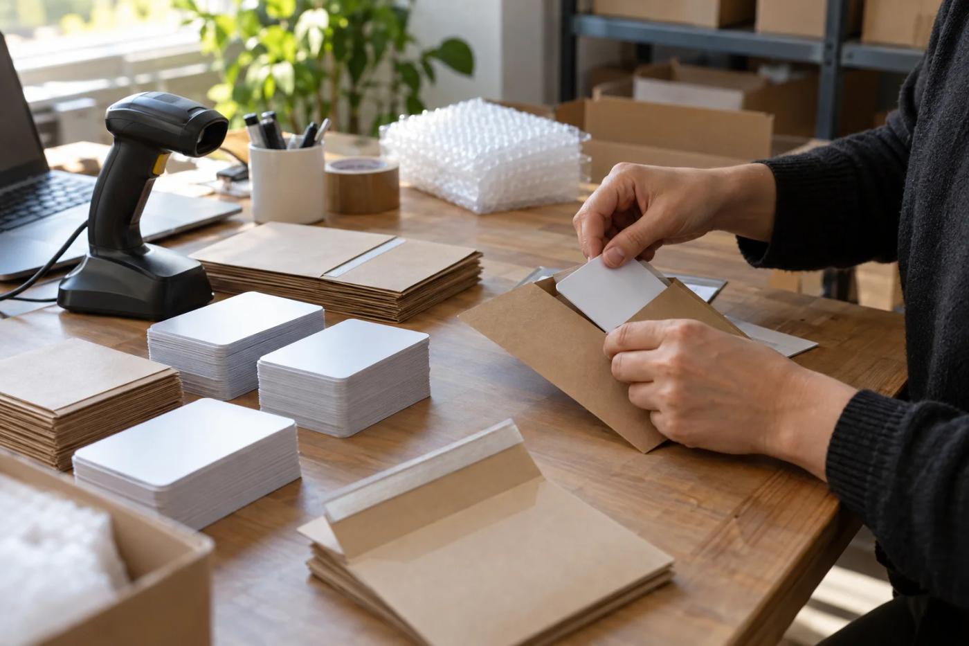 An illustrative fulfilment station with card mailers and packing materials.