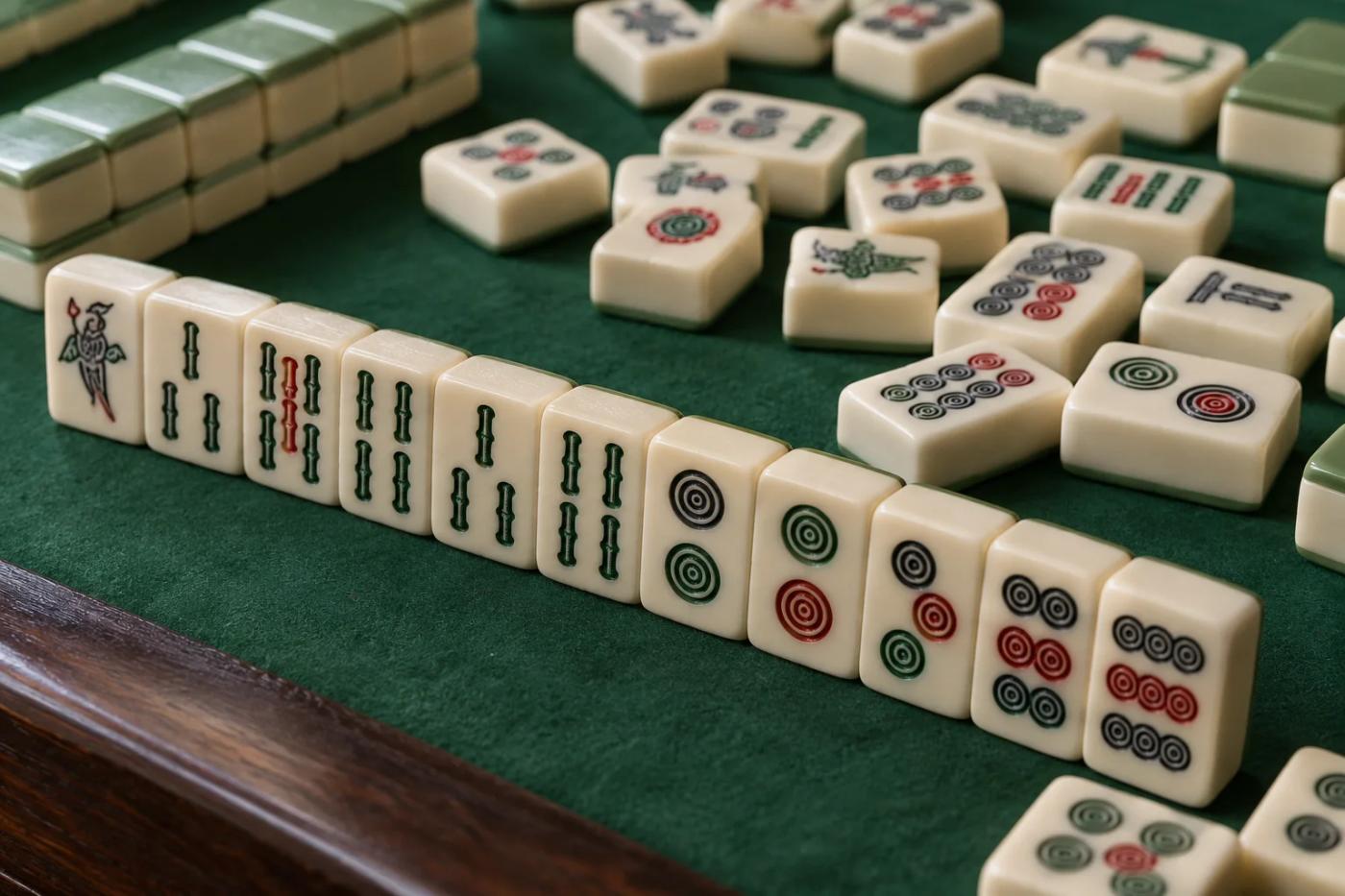 An illustrative still life of mahjong tiles on a green felt table.