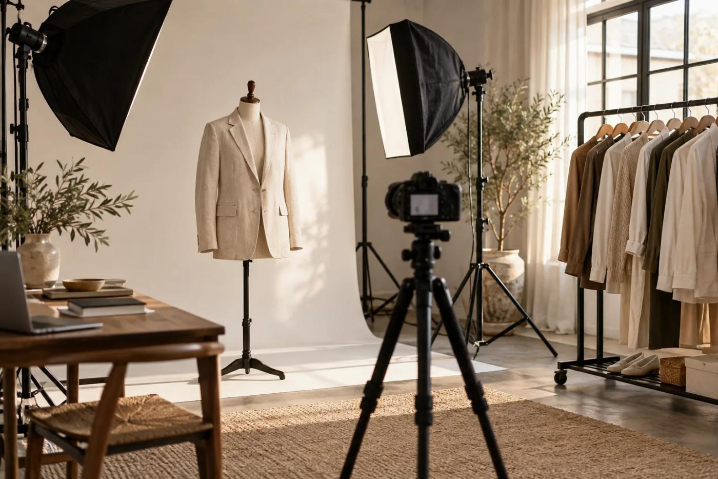 An illustrative garment photography studio with a linen jacket and lighting equipment.