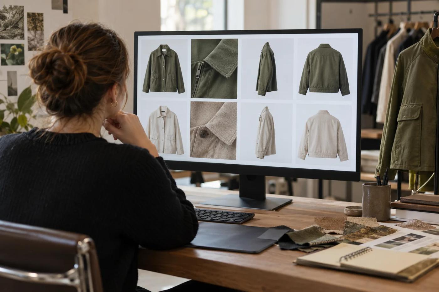An illustrative merchandiser reviewing garment photographs with fabric samples.