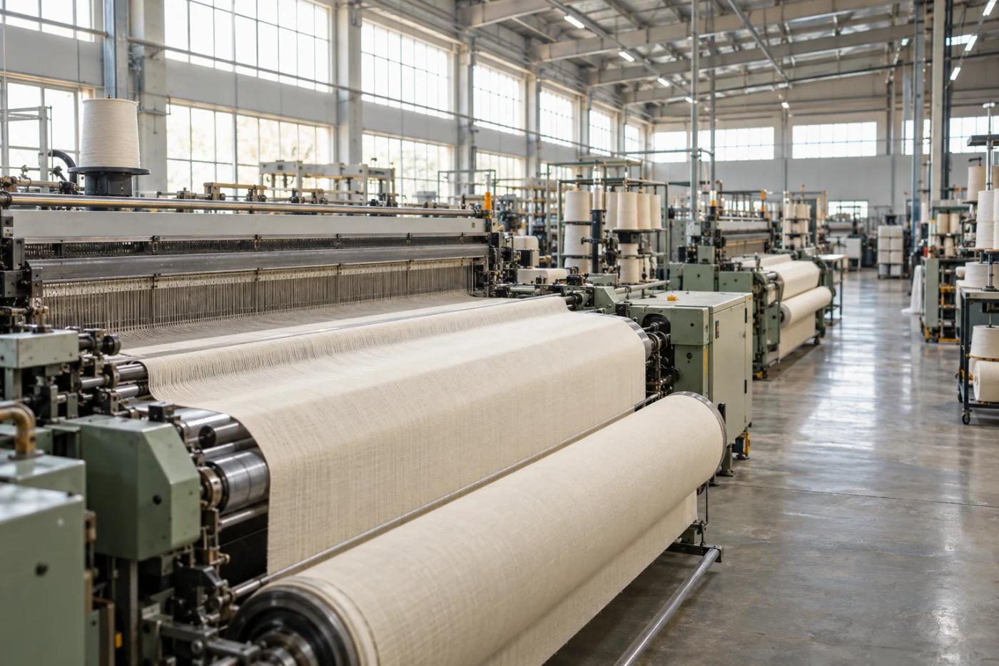 An illustrative textile facility with looms and woven fabric.