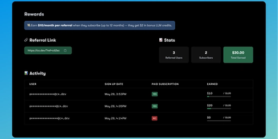 Referrals (up to $120 per referral), Bring Your Own API Key