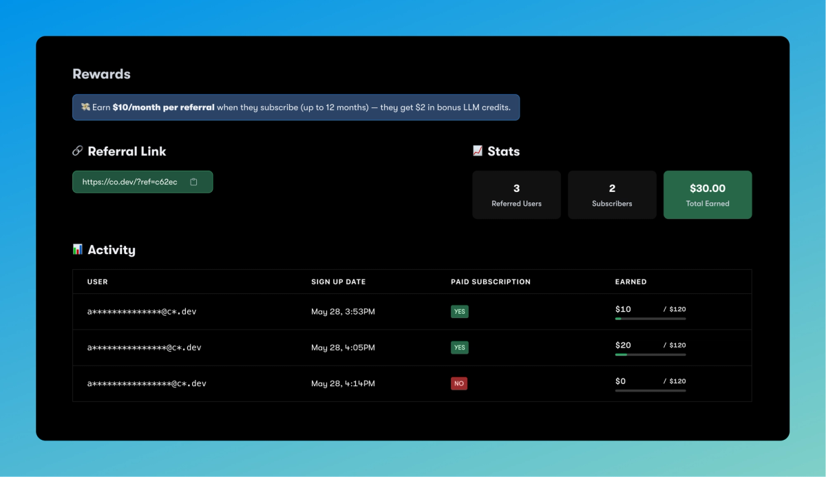Referrals (up to $120 per referral), Bring Your Own API Key