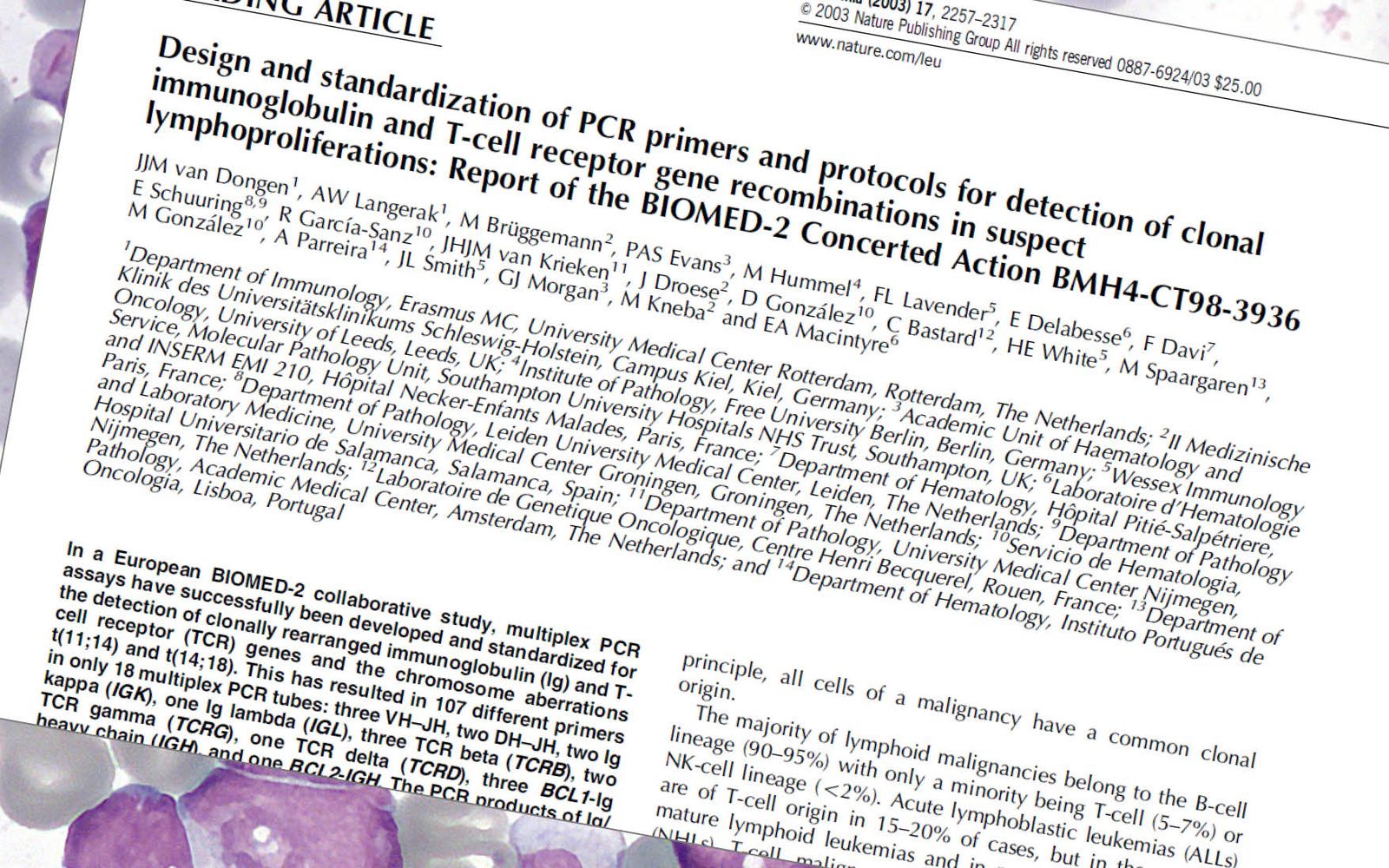 2003 EuroClonality/BIOMED-2 publication referred to as “A landmark publication shaping hemato-oncology.”