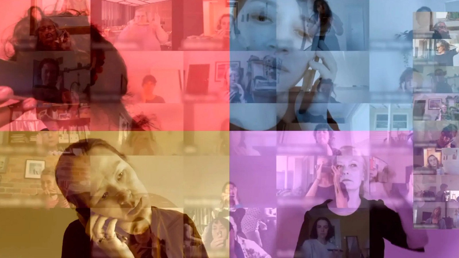 Four colour block squares with a female face on each one against blurred backgrounds Virtual Vibrato image from Hi-Viz Practice Exchange