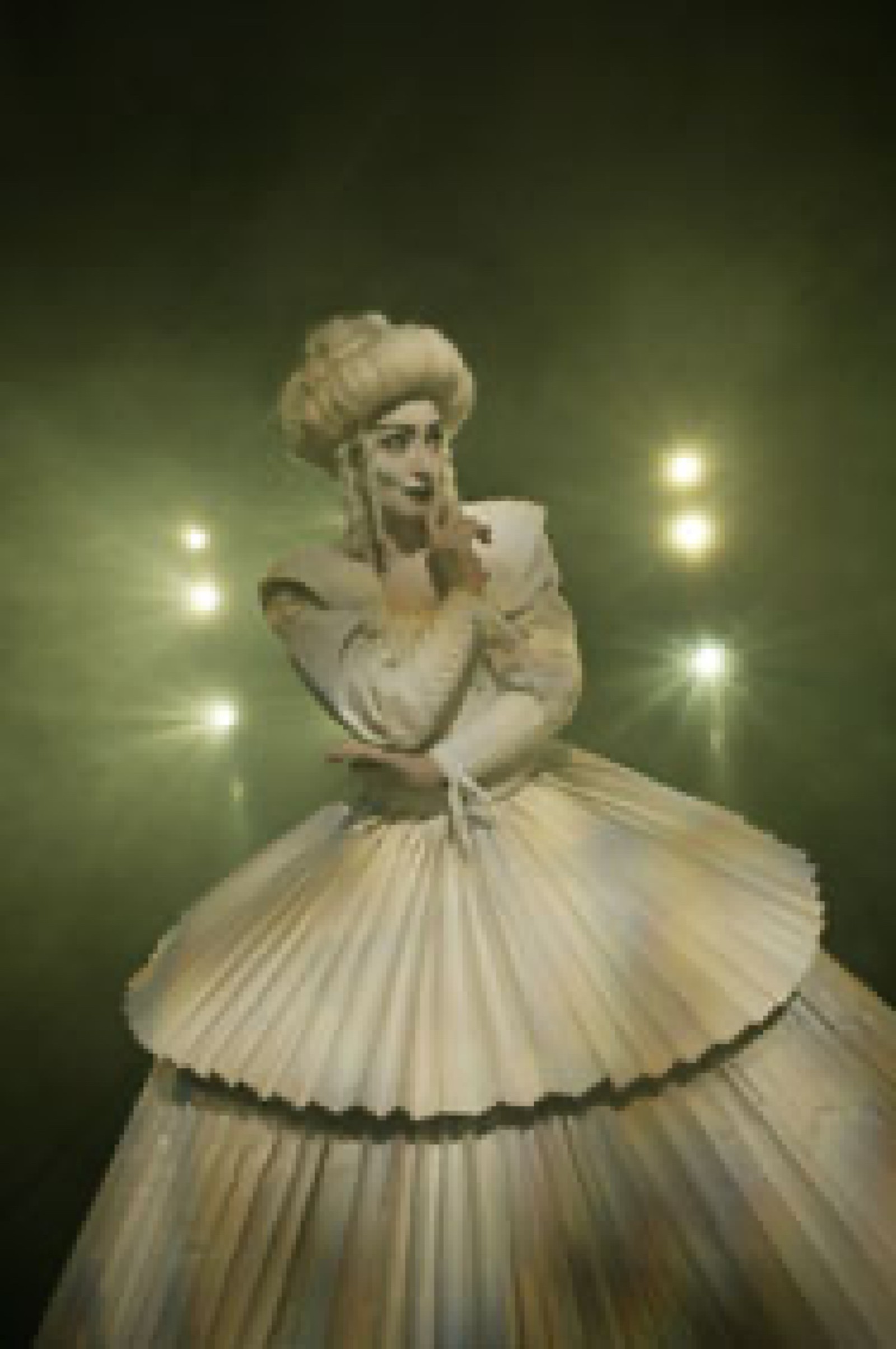 Woman in a white pleated gown with white baroque wig