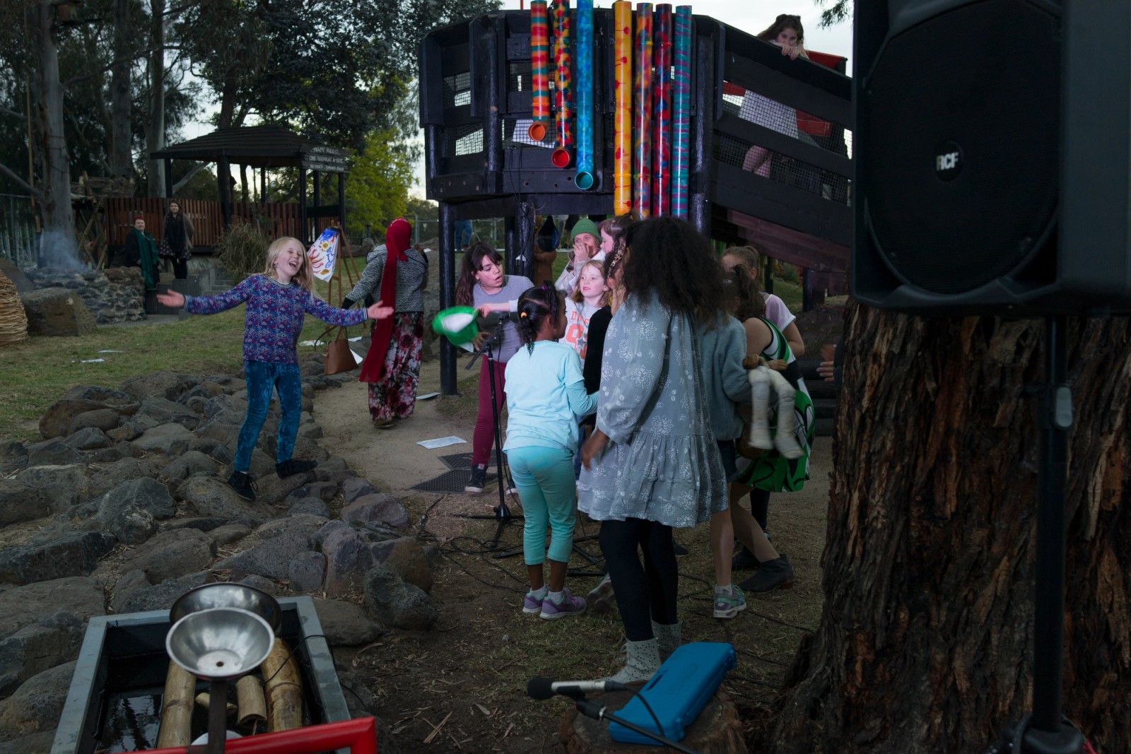 Children performing at a playground as part of Chamber Made's The Venny Imagine a Place 2017