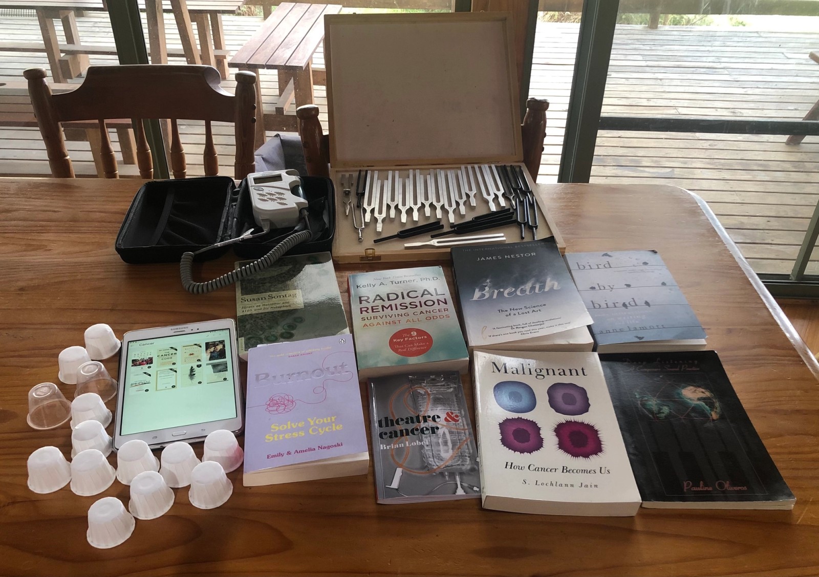 Text books and tuning forks on a table from Orange House Resident Biddy Connor