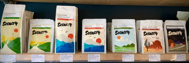 A shelf of Scenery Coffee bags in the shop, from Colourful Blend to Villamaria decaf