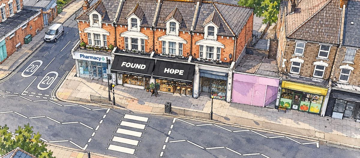 Illustration of Found Hope on Hither Green Lane, between the pharmacy and the neighbouring shops, with the zebra crossing outside
