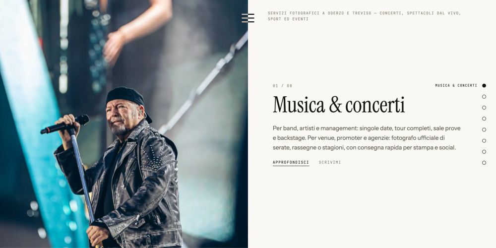 La pagina dei servizi con Musica e concerti