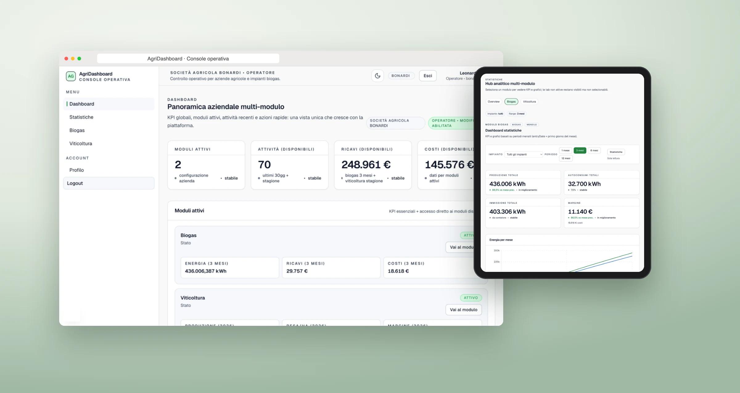La console di AgriDashboard su computer e tablet