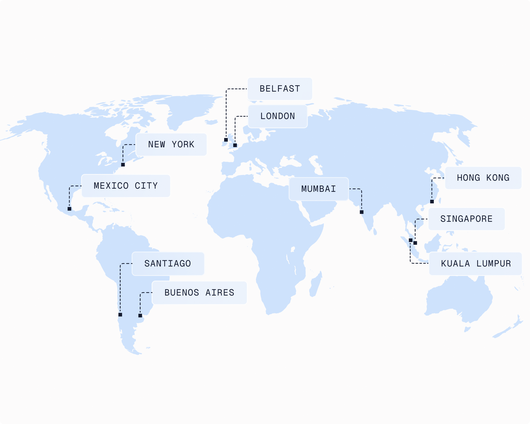 map with major cities with pins and labels