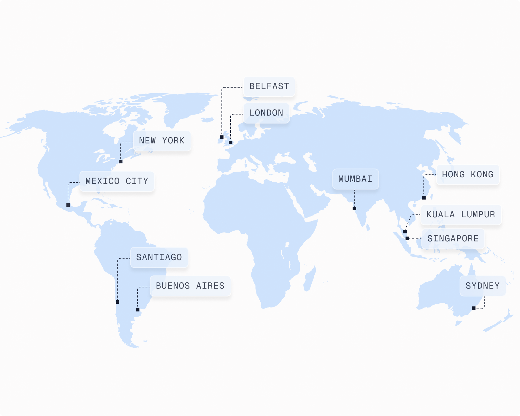 map with major cities with pins and labels