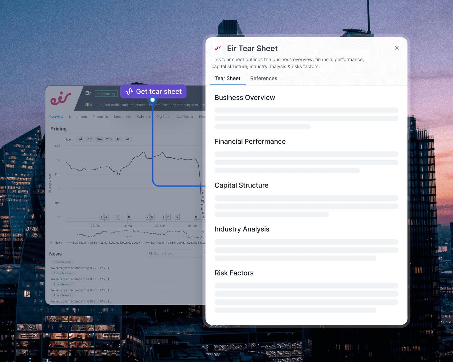 9fin AI tear sheet screen mockup over city skyline