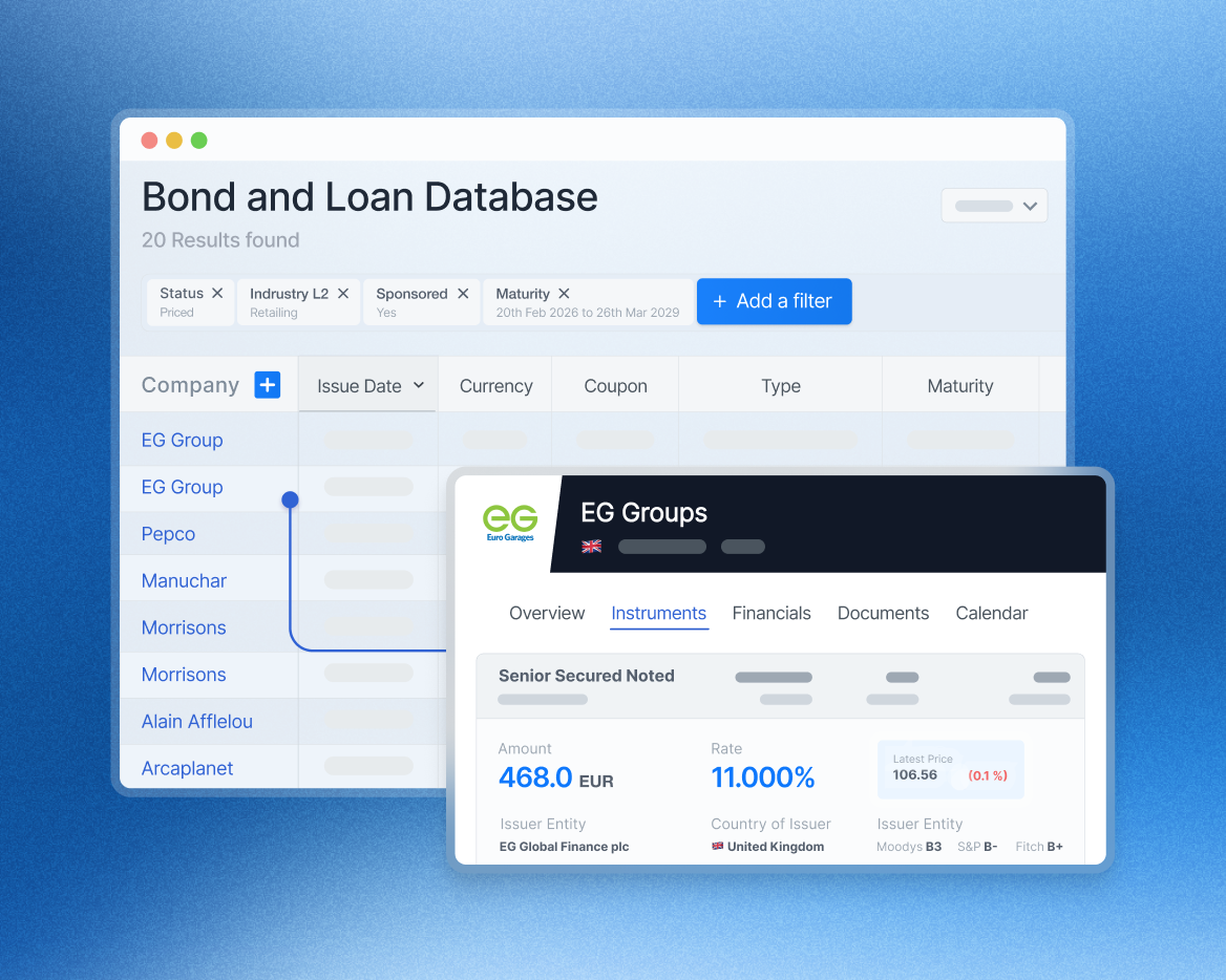 9fin's bonds and loans screener mockup over blue background