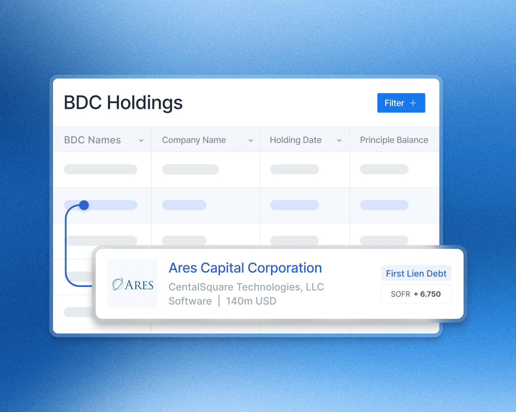 9fin BDC holdings screen mockup over blue background