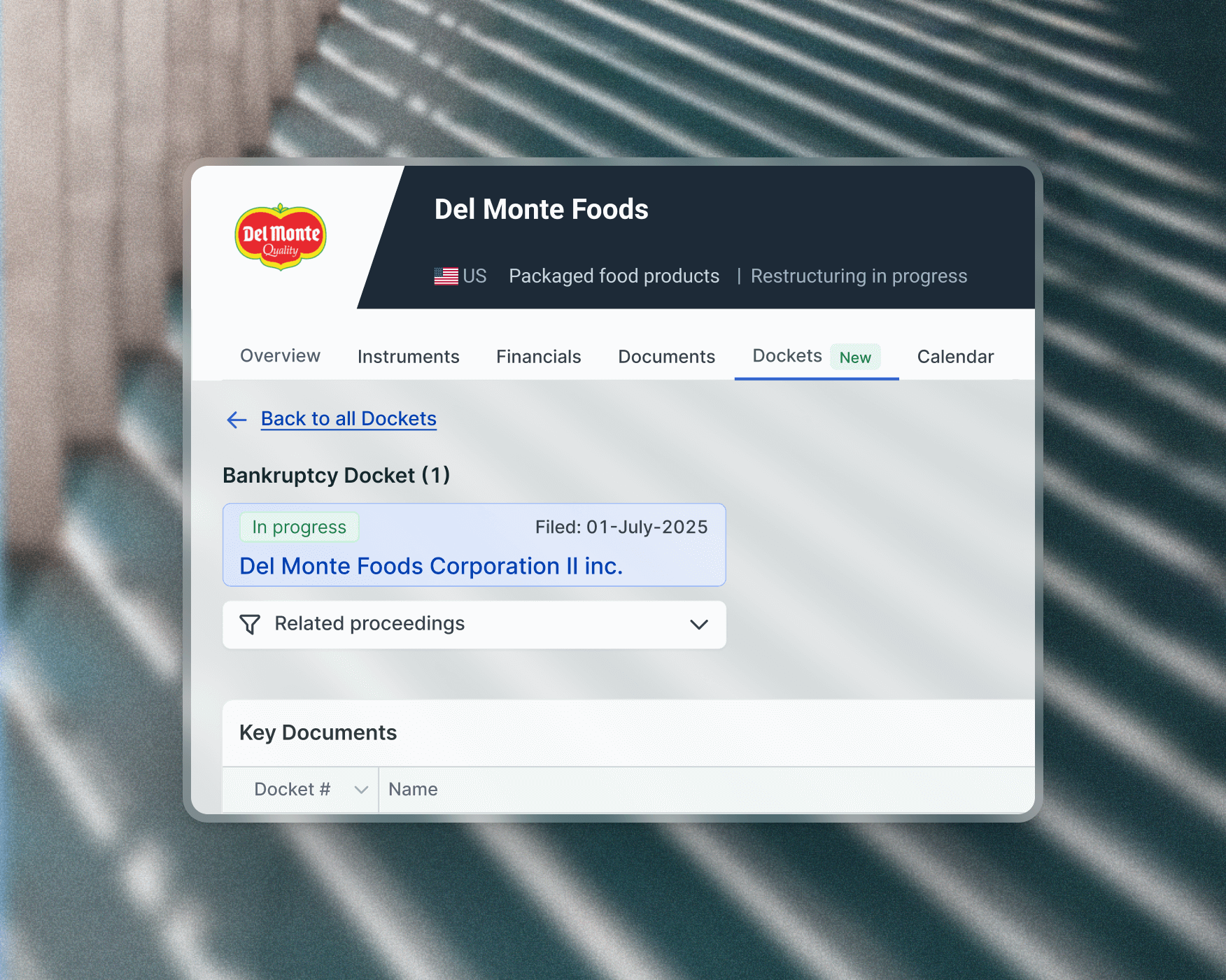screenshot of docket listing for del monte foods