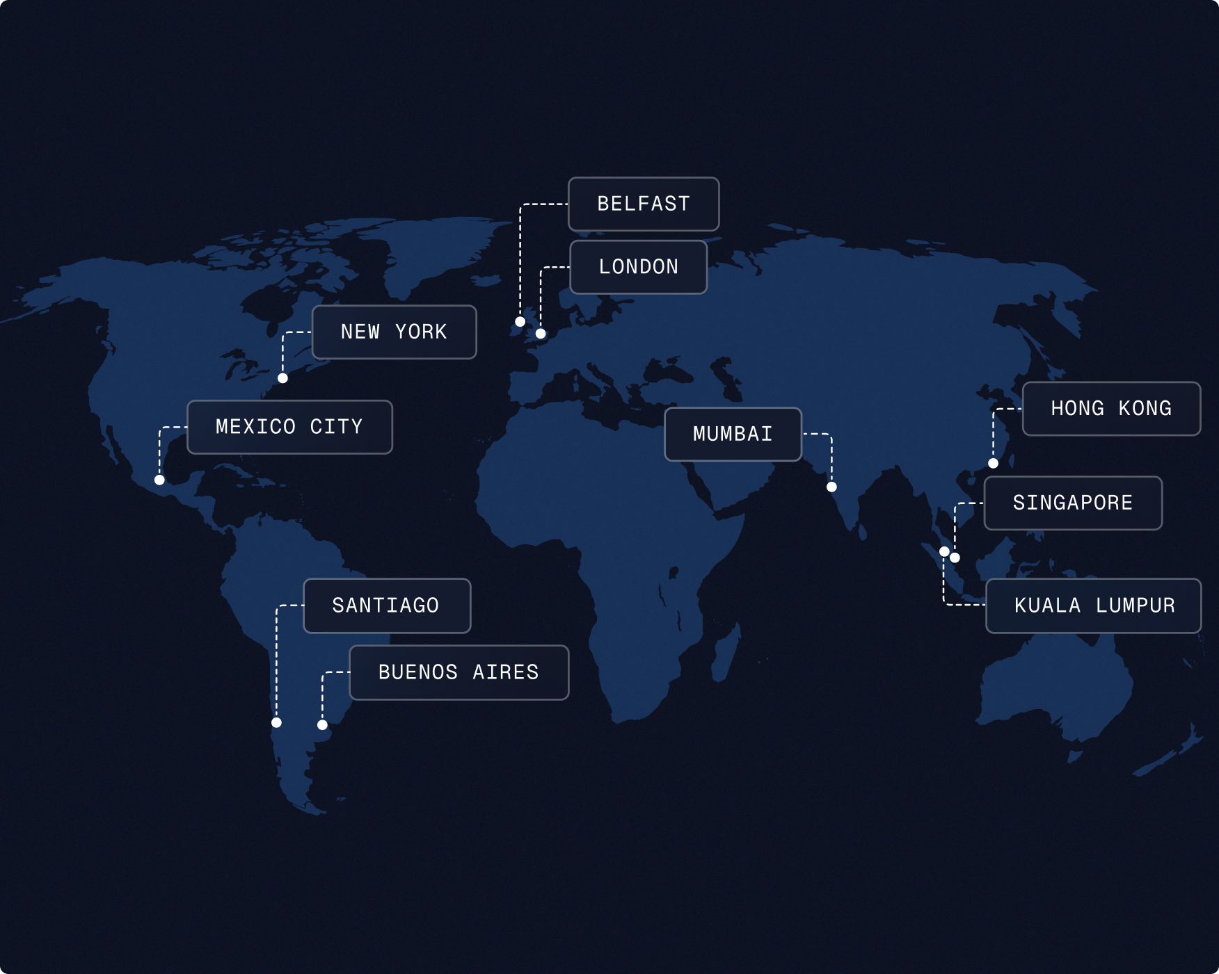 map with major cities with pins and labels