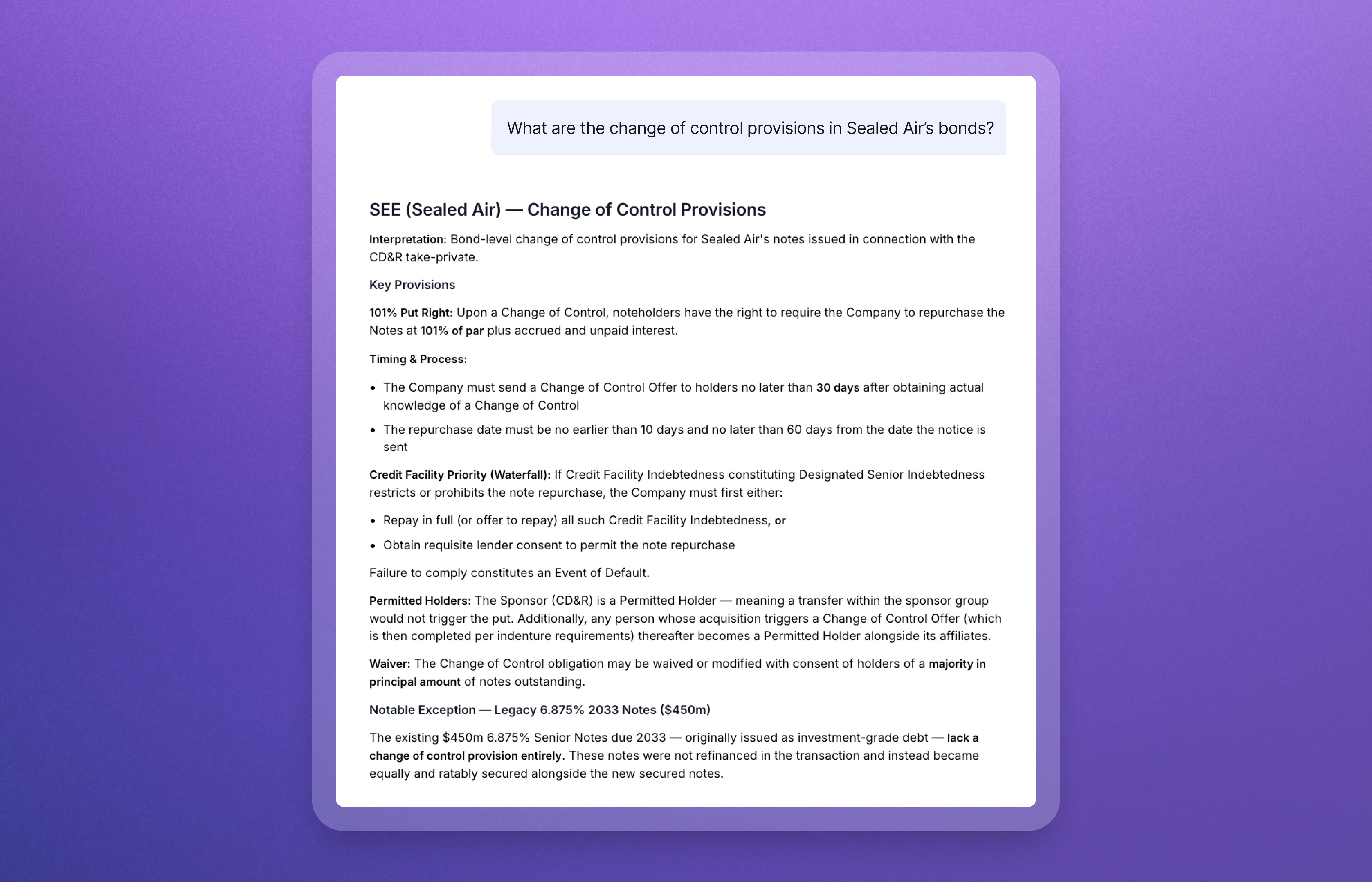 AI Chat: Prompt 3 — What are the change of control provisions in Sealed Air's bonds?