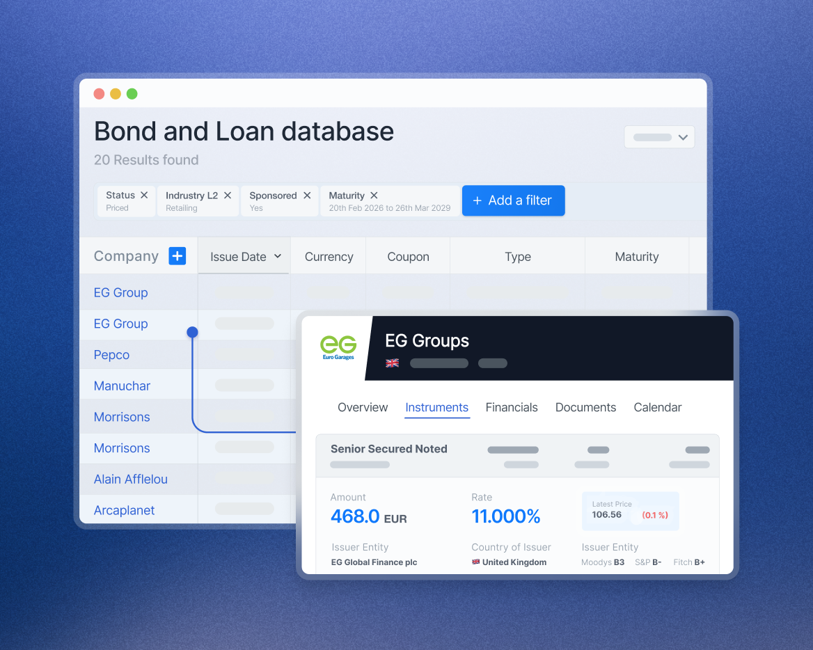 bond and loan database screen mockup