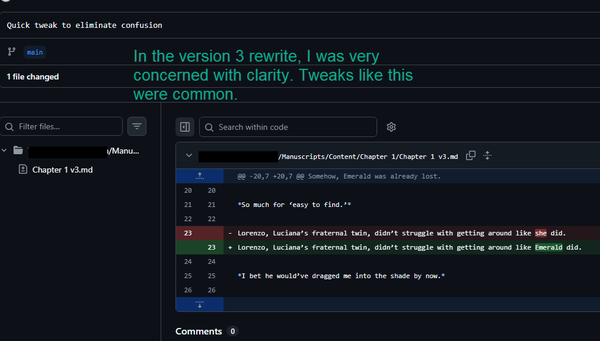 A screenshot from GitHub which shows a minor change (changing "she" to  "Emerald").