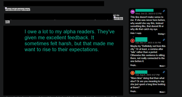 Screenshot from BetaReader.io showing alpha reader feedback