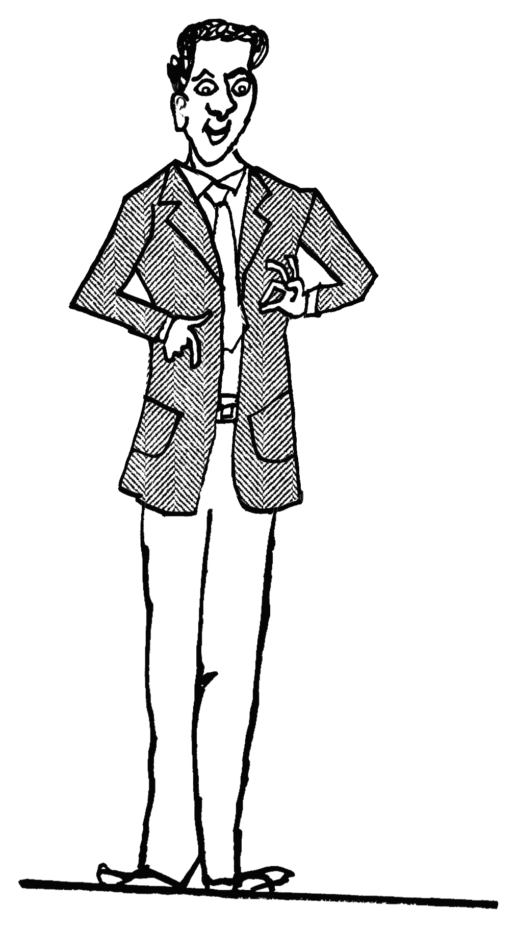 A master in a tweed jacket, hands in his pockets, looking up