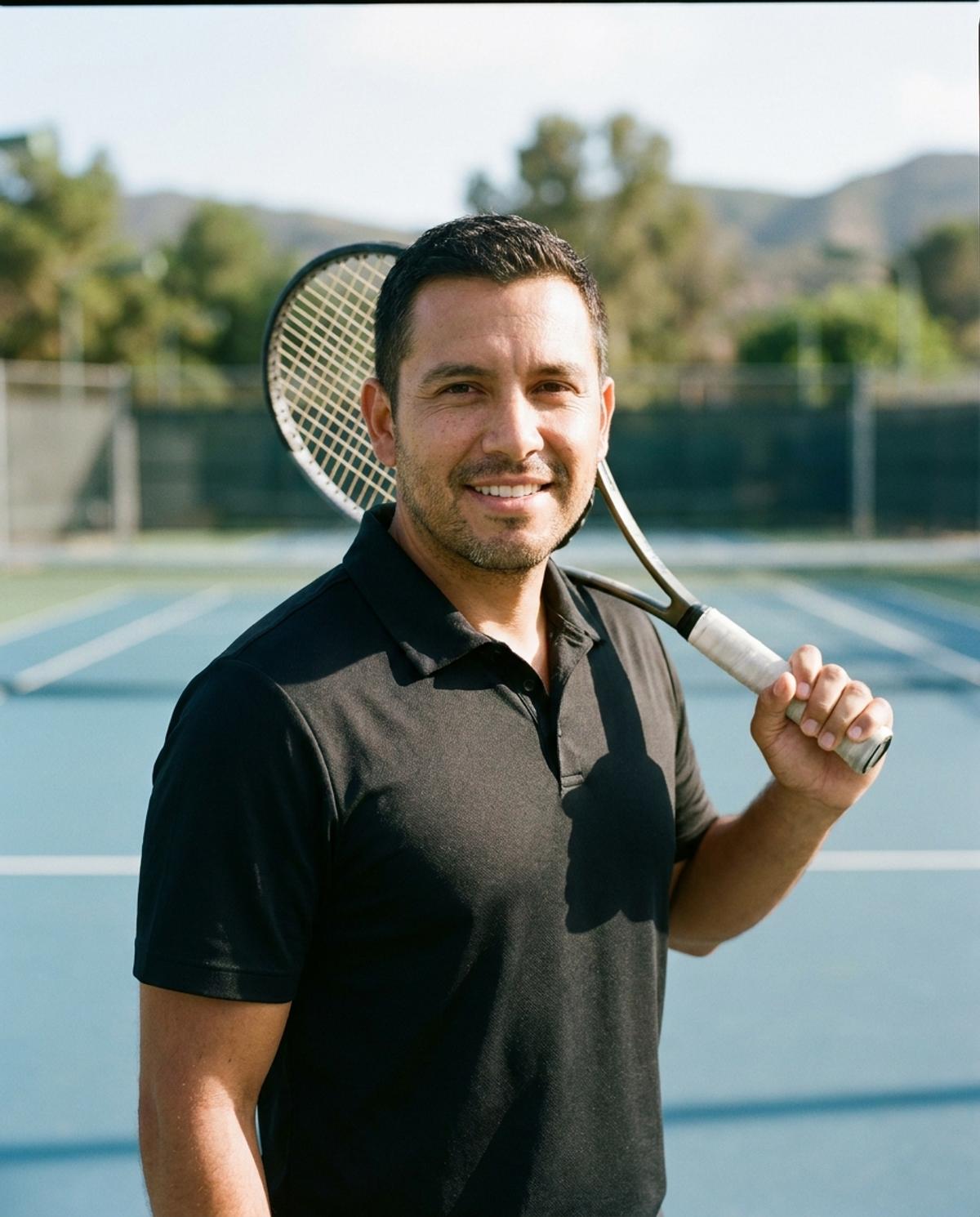 Daniel Reyes holding a racket on a blue hard court