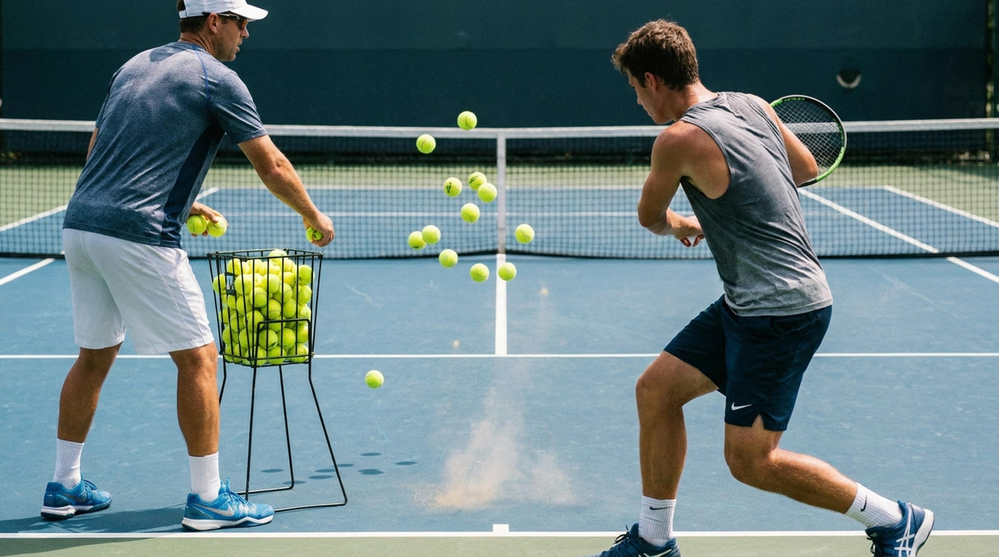 Coach feeding balls to a player during a lesson
