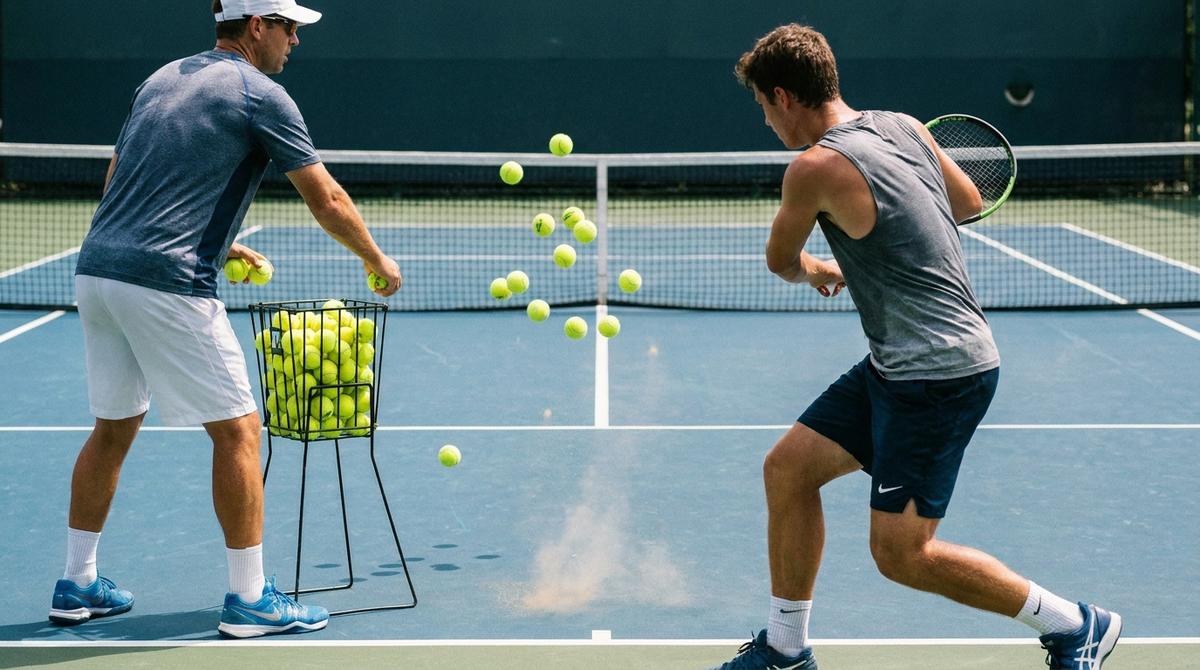 Coach feeding balls to a player during a lesson