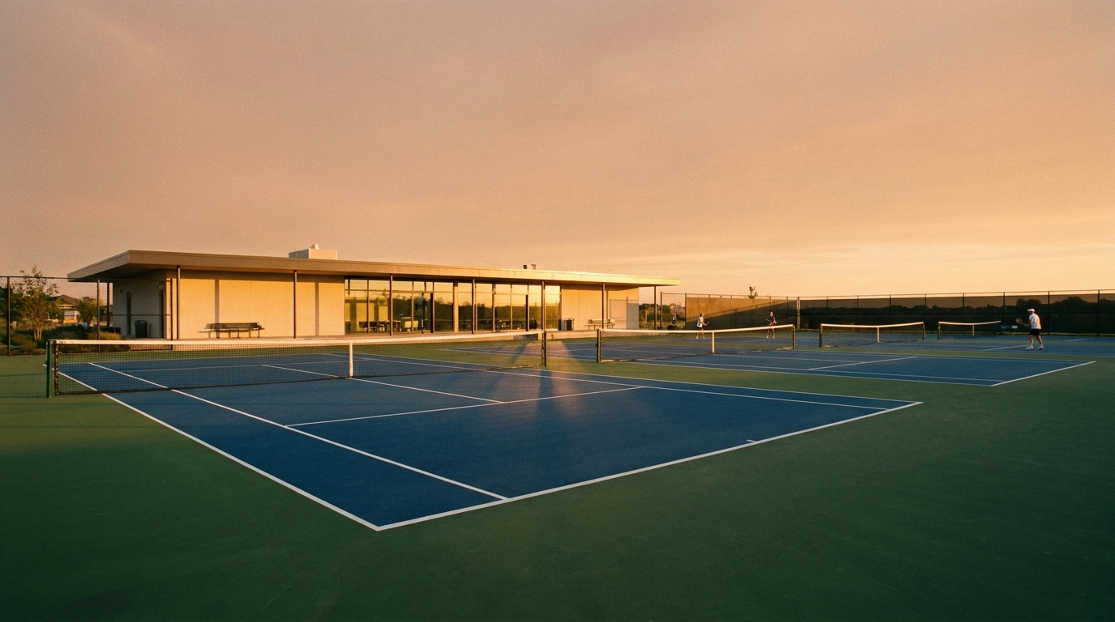Spoty's outdoor courts and clubhouse at sunset
