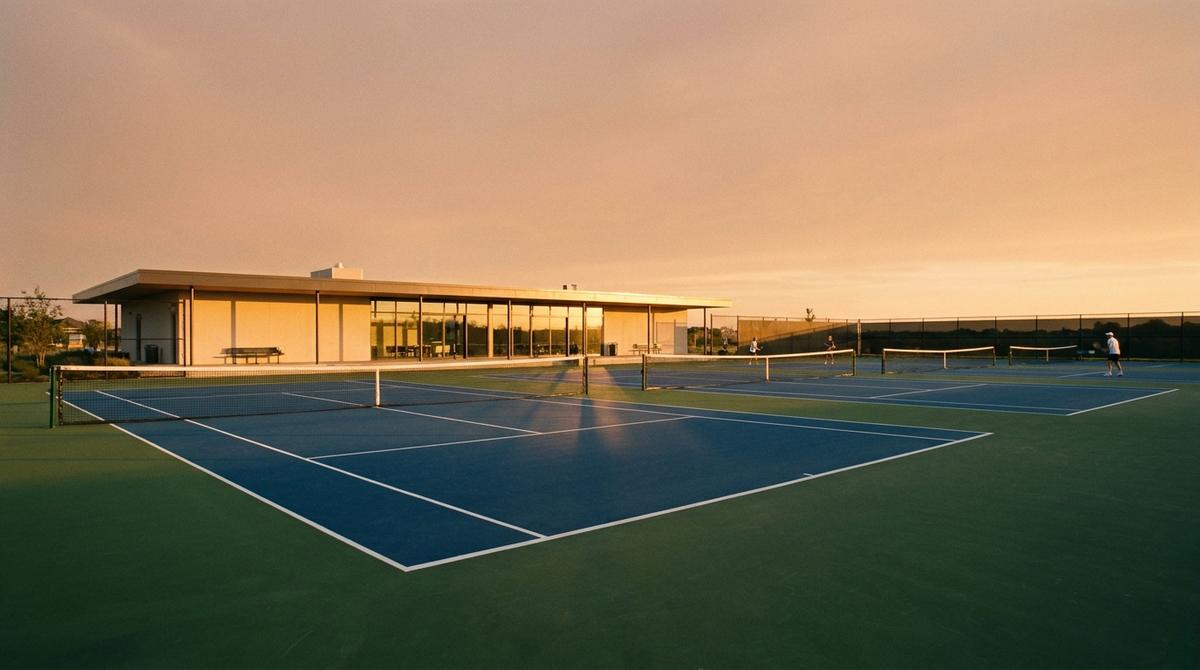 Spoty's outdoor courts and clubhouse at sunset
