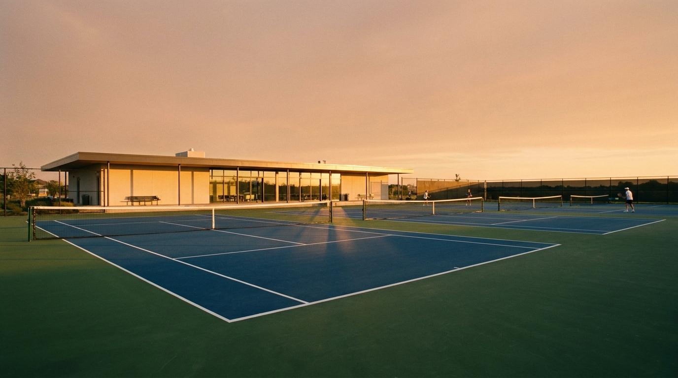 Spoty's outdoor courts and clubhouse at sunset