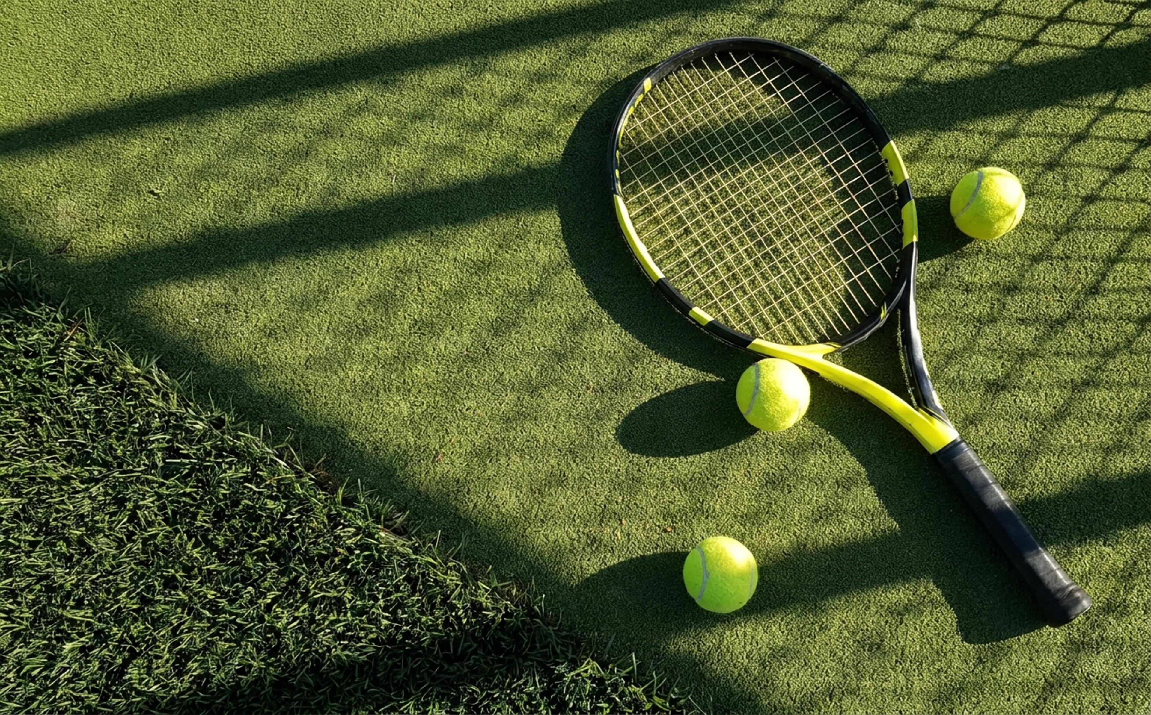 Tennis racket and three balls on a green court in the afternoon sun