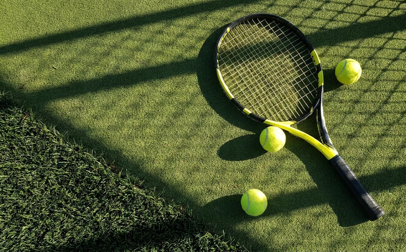 Tennis racket and three balls on a green court in the afternoon sun