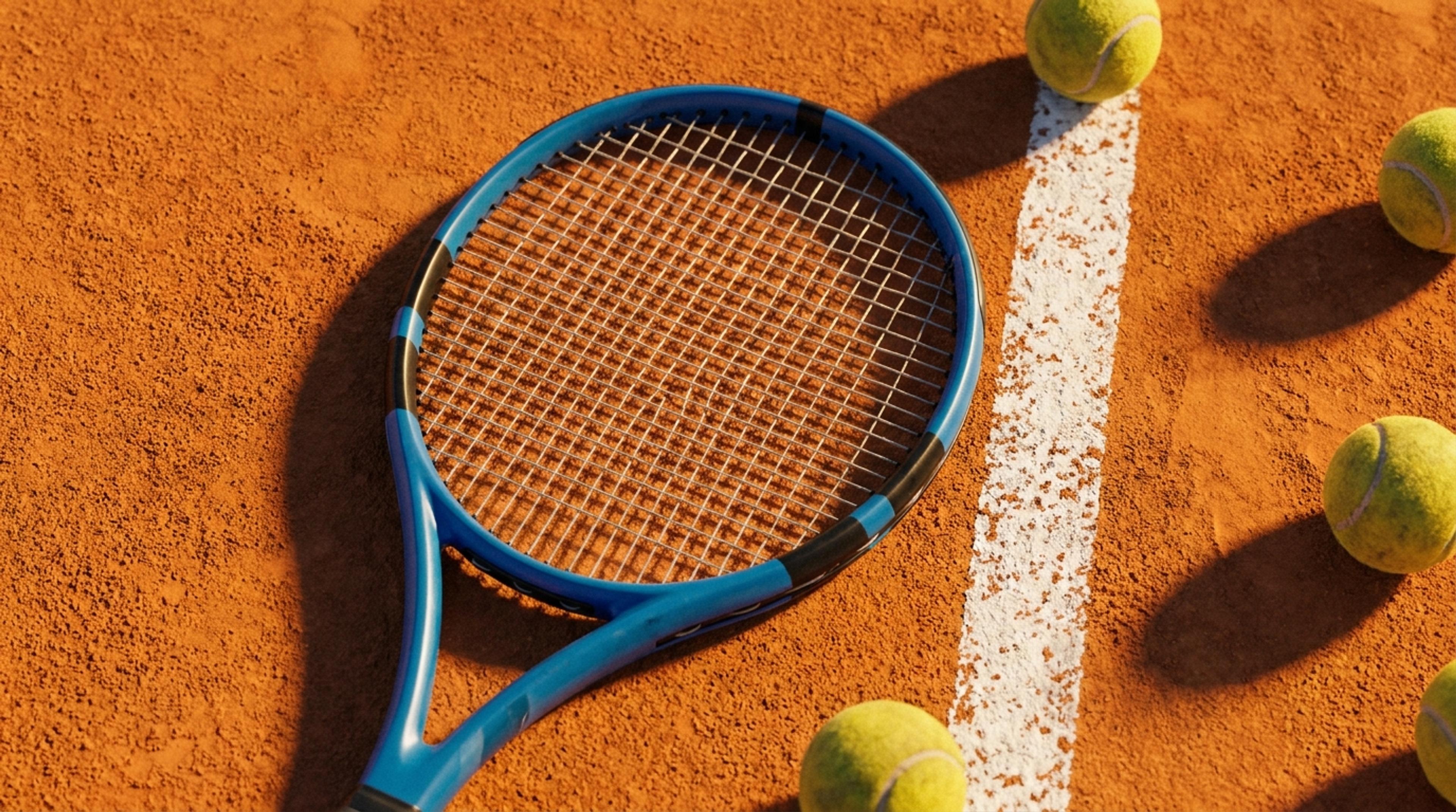 Racket and balls on a clay court
