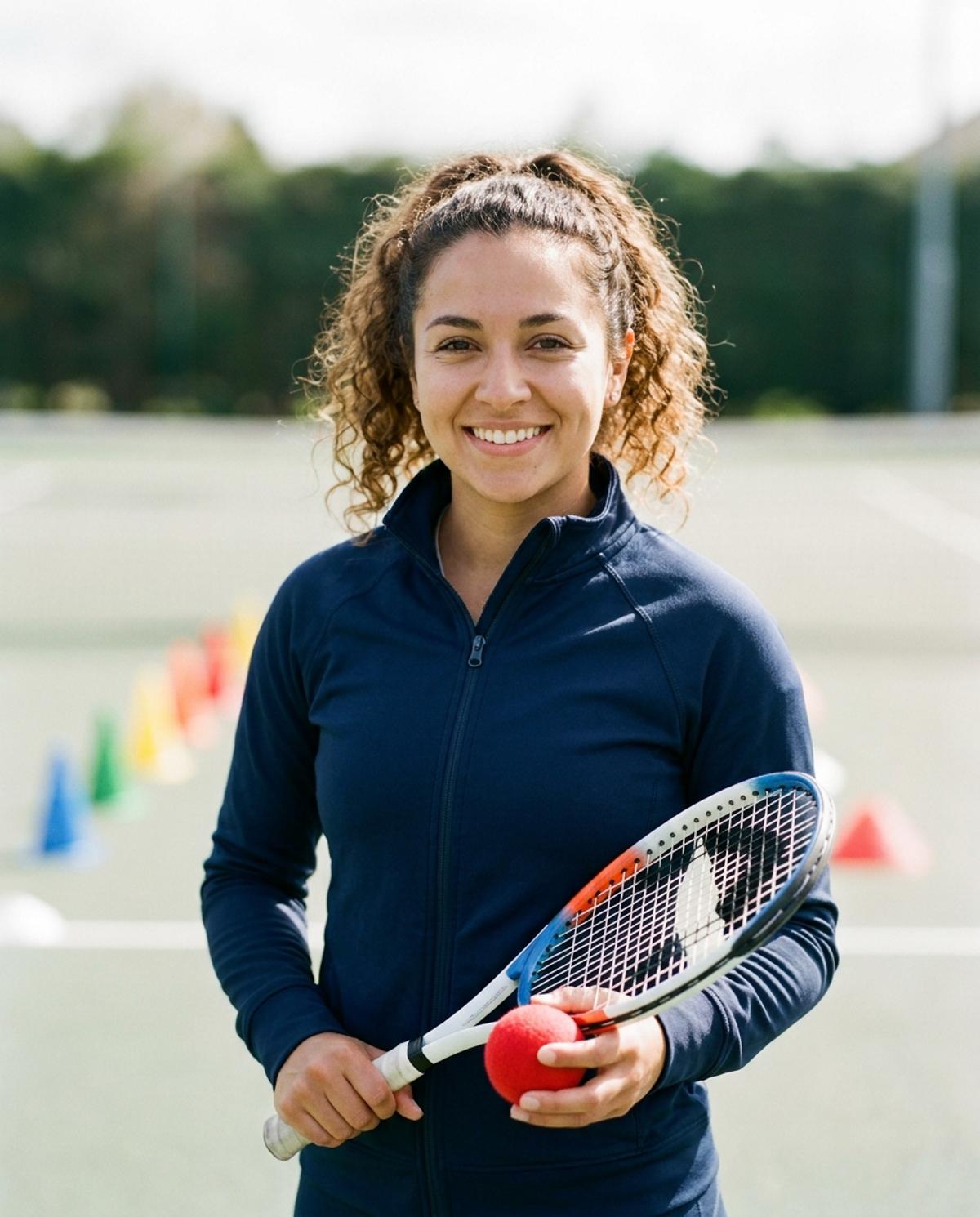 Sofia Alvarez holding a junior racket and a red ball